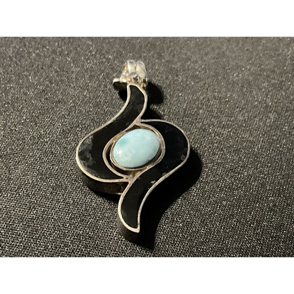 925 Sterling Silver Larimar & Onyx Vintage Sterling Pendant